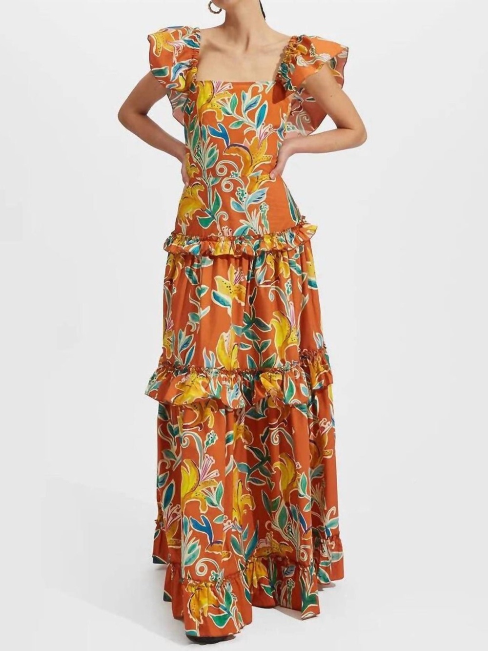 NWT LA DOUBLEJ Scarlett Ruffle Maxi Dress In Lily Floral Cotton Size XS